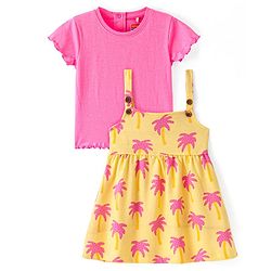 Babyhug Cotton Knit Printed Frock With Half Sleeves Solid Coloured Inner Tee - Yellow & Pink