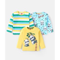 Babyhug Cotton Knit Full Sleeves Striped & Panda Printed T-Shirts Pack of 3 - Green Yellow & Blue