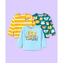 Babyhug Cotton Knit Full Sleeves T-Shirts with Stripes & Wild Animals  Graphics Pack of 3 - Blue Yellow & Orange