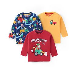 Babyhug Cotton Knit Full Sleeves T-Shirts With Giraffe & Construction Vehicles Print Pack Of 3 - Multicolor