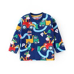 Babyhug Cotton Knit Full Sleeves T-Shirts With Giraffe & Construction Vehicles Print Pack Of 3 - Multicolor