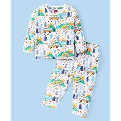 Babyhug Cotton Knit Full Sleeves Night Suit With Vehicle Print - White