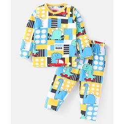 Babyhug Cotton Knit Full Sleeves Night Suit With Dino Print - Yellow