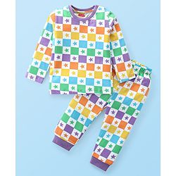 Babyhug Cotton Knit Full Sleeves Checkered  Night Suit with Star Print - White Purple & Yellow