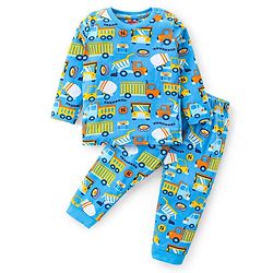 Babyhug Cotton Knit Full Sleeves Night Suit With Construction Vehicles Print - Blue