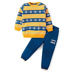 Babyhug Cotton Knit Full Sleeves T-Shirt & Lounge Pants Set With Ikat Print - Yellow & Blue