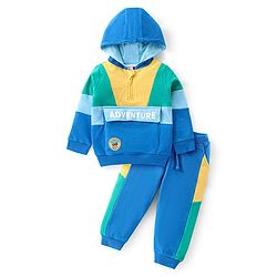 Babyhug Cotton Knit Full Sleeves Hooded Front Zipper Color Block T-Shirt & Lounge Pants Set - Blue