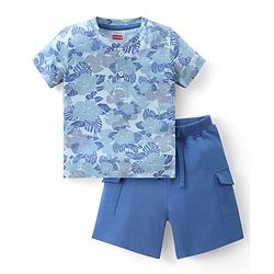 Babyhug Cotton Knit Half Sleeves Henley T-Shirt & Shorts Set With Tropical Print - Blue