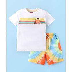 Babyhug Cotton Knit Half Sleeves Striped T-Shirt & Tie-Dye Shorts Set - White