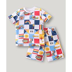 Babyhug Cotton Knit Half Sleeves T-Shirt & Shorts Co-Ord Set With Text & Teddy Print - Off White