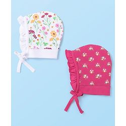 Babyhug Cotton Knit Floral Printed Caps Pack of 2 - Dark Pink and White