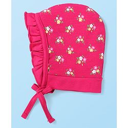 Babyhug Cotton Knit Floral Printed Caps Pack of 2 - Dark Pink and White