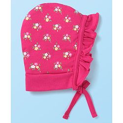 Babyhug Cotton Knit Floral Printed Caps Pack of 2 - Dark Pink and White