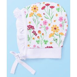 Babyhug Cotton Knit Floral Printed Caps Pack of 2 - Dark Pink and White