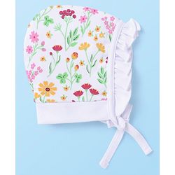 Babyhug Cotton Knit Floral Printed Caps Pack of 2 - Dark Pink and White