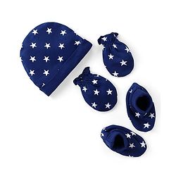 Babyhug 100% Cotton Interlock Knit Cap Mitten & Booties with Star Print - Navy Blue