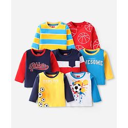 Babyhug Cotton Knit Full Sleeves T-Shirts Text Print & Stripes Pack of 7 - Multicolor