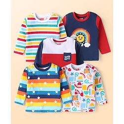 Babyhug Cotton Knit Full Sleeves T-Shirt With Stripes & Beach Theme Print Pack Of 5 - Light Blue & Navy Blue