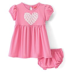 Babyhug Single Jersey Knit Half Sleeves Frock with Bloomer Heart Print - Pink