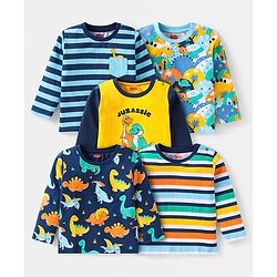 Babyhug Cotton Knit Full Sleeves T-Shirts with Dino Print & Stripes Pack of 5 - Multicolor