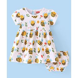 Babyhug Sinker Knit Half Sleeves Frock With Bloomer Bees Print & Bow Applique- White
