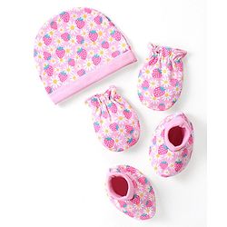 Babyhug 100% Cotton Knit Floral Printed  Cap Mittens & Booties Set - Pink