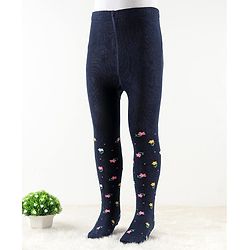 Cute Walk by Babyhug Antibacterial Footie Tights with Floral Design - Navy Blue