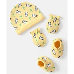 Babyhug 100% Cotton Knit Zebra Printed  Cap Mittens & Booties Set - Yellow