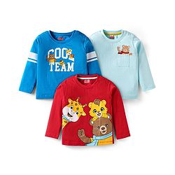 Babyhug Cotton Knit Full Sleeves T-Shirts with Text & Animal Prints Pack of 3 - Light Blue Red & Blue