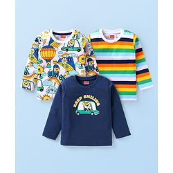 Babyhug Cotton Knit Full Sleeves T-Shirt with Stripes & Animal Graphics Pack of 3 - Navy Blue White