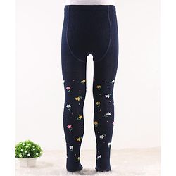Cute Walk by Babyhug Knit Antibacterial Footed Tights Floral Design - Navy Blue