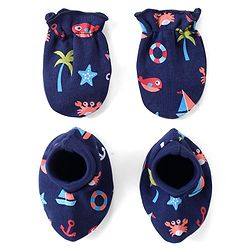 Babyhug 100% Cotton Interlock Knit Beach Theme Printed Mittens & Booties Set - Navy
