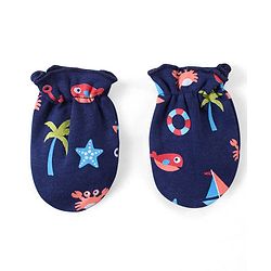 Babyhug 100% Cotton Interlock Knit Beach Theme Printed Mittens & Booties Set - Navy