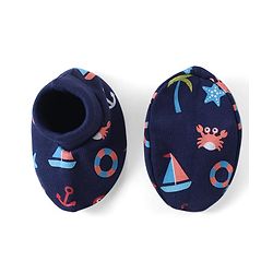 Babyhug 100% Cotton Interlock Knit Beach Theme Printed Mittens & Booties Set - Navy