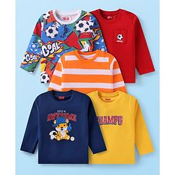 Babyhug Cotton Knit Full Sleeves T-Shirts with Sport Theme Print & Stripes Pack of 5 - Navy Blue Red & Yellow