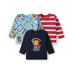 Babyhug Cotton Knit Full Sleeves T-Shirts with Stripes & Space Print Pack of 3 - Navy Blue & Red