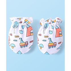 Babyhug 100% Cotton Interlock Knit Dino Printed Mittens & Booties Set - White