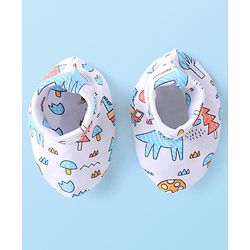 Babyhug 100% Cotton Interlock Knit Dino Printed Mittens & Booties Set - White