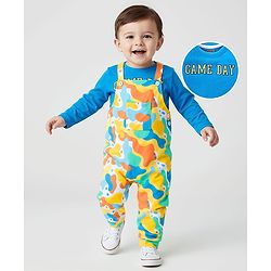 Babyhug Single Jersey Knit Full Sleeves T-Shirt & Dungaree with Text & Abstract Print - Blue