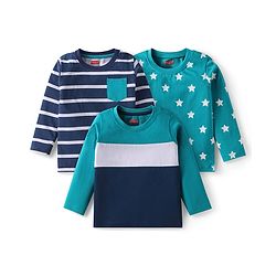 Babyhug Cotton Knit Full Sleeves T-Shirts With Star Print & Cut & Sew Design Pack of 3 - Navy Blue & Teal Blue