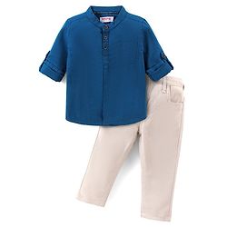 Babyhug Cotton Woven Full Sleeves Solid Shirt & Trouser Set - Navy Blue & Beige