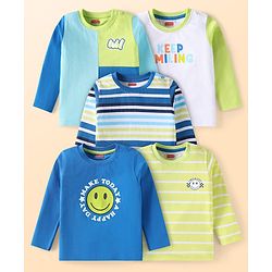 Babyhug Cotton Knit Full Sleeves T-Shirts with Text Print & Stripes Pack of 5 - Multicolor