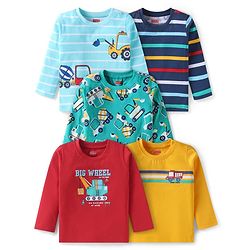 Babyhug Cotton Knit Full Sleeves T-Shirts with Stripes & Vehicle Print Pack of 5 - Navy Blue & Light Blue