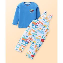 Babyhug Single Jersey Knit Dungaree and Full Sleeves Solid Color T-Shirt Set Garden Theme Print - Blue & White