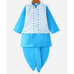 Babyhug Woven Full Sleeves Kurta Dhoti Set with Mirror Embroidered Jacket - Blue