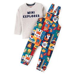 Babyhug Single Jersey Knit Full Sleeves T-Shirt & Animals Printed Dungaree - Multicolour