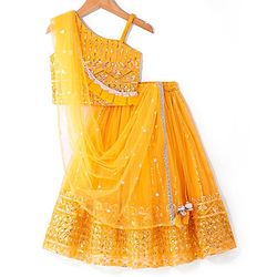 Babyhug Woven One Shoulder Sleeves Sequined Embroidered Choli Lehenga Set with Dupatta - Yellow