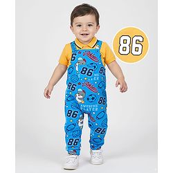 Babyhug Single Jersey Knit Dungaree and Half Sleeves Polo T-Shirt Penguin Print - Yellow & Blue