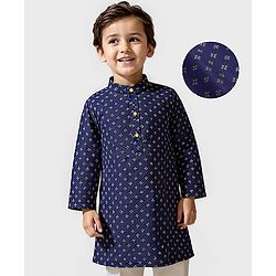 Babyhug Cotton Woven Full Sleeves Printed Kurta - Navy Blue