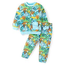 Babyhug Cotton Knit Full Sleeves Dino Printed T-Shirt & Lounge Pants Co-Ord Set - Blue